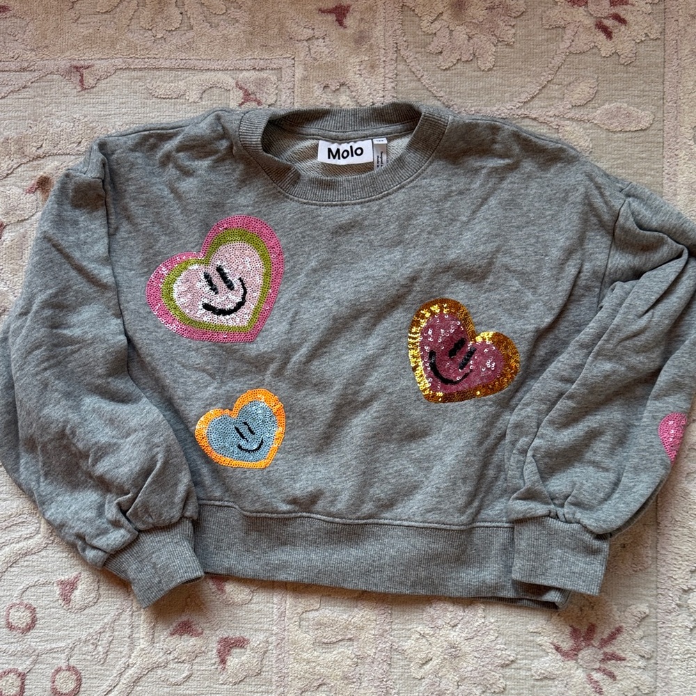 Molo Gray Crewneck Sweatshirt with Multicolored Sequin Hearts
